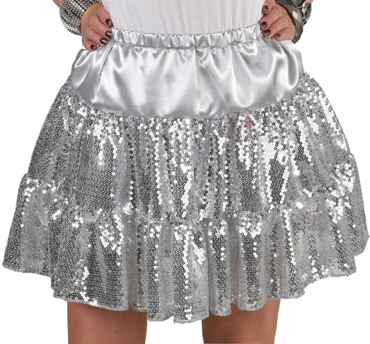 Glitter & Glamour Kostuum | Disco Rok Zilveren Pailletten Vrouw | Large | Carnaval kostuum | Verkleedkleding